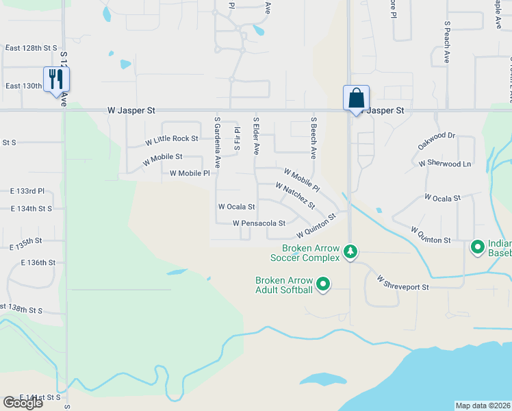 map of restaurants, bars, coffee shops, grocery stores, and more near 2700 West Pensacola Street in Broken Arrow