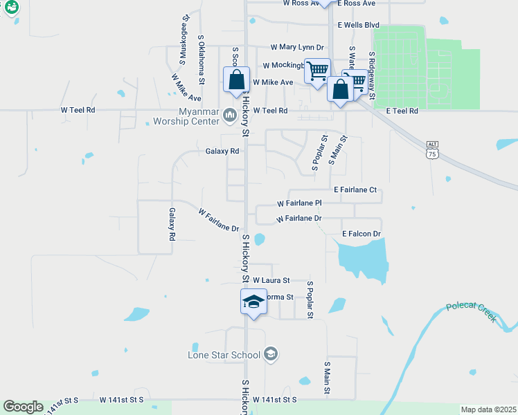 map of restaurants, bars, coffee shops, grocery stores, and more near 2540 Cedar Drive in Sapulpa