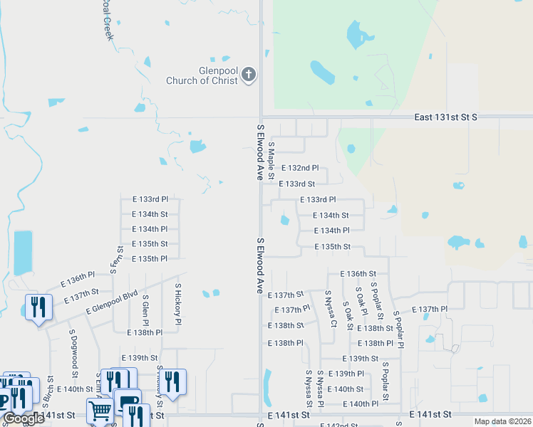 map of restaurants, bars, coffee shops, grocery stores, and more near 13408 South Maple Street in Glenpool
