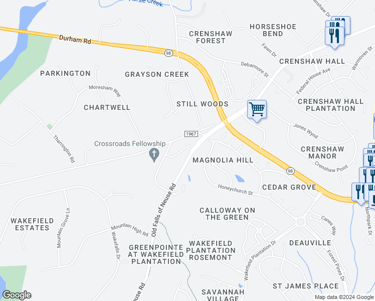 map of restaurants, bars, coffee shops, grocery stores, and more near 2542 Spring Oaks Way in Raleigh