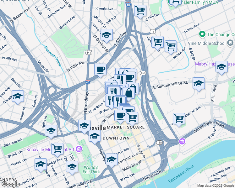 map of restaurants, bars, coffee shops, grocery stores, and more near 220 West Jackson Avenue in Knoxville