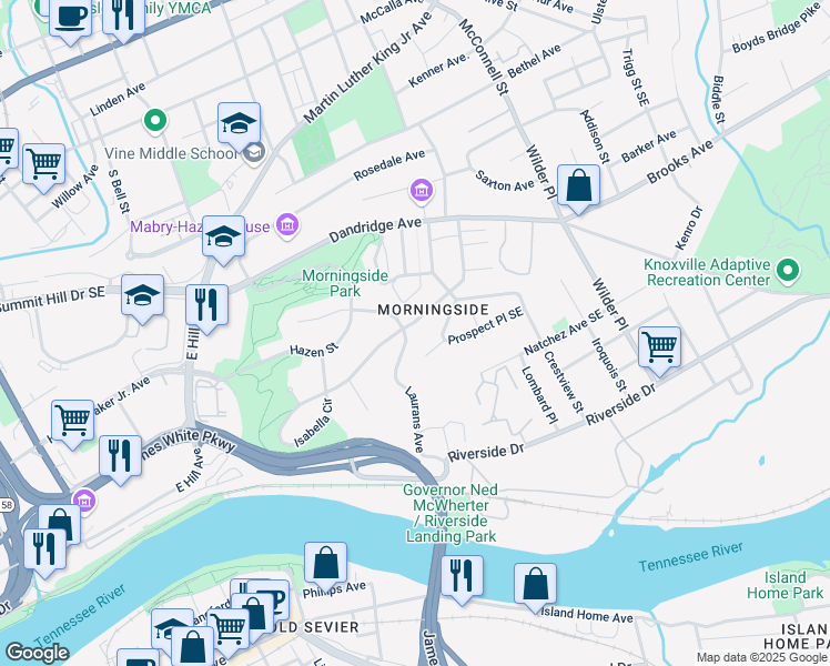 map of restaurants, bars, coffee shops, grocery stores, and more near 1823 Prospect Place Southeast in Knoxville