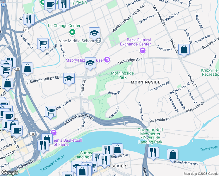 map of restaurants, bars, coffee shops, grocery stores, and more near 1652 Laurans Avenue in Knoxville