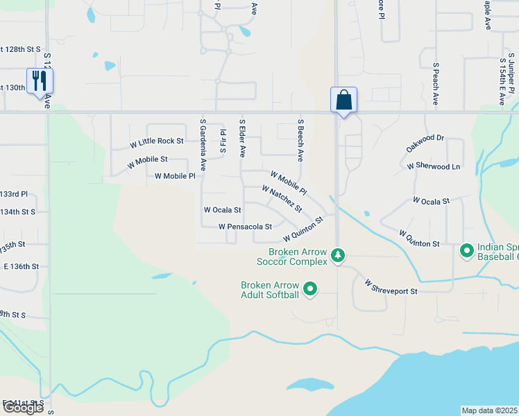 map of restaurants, bars, coffee shops, grocery stores, and more near 2408 West Pensacola Street in Broken Arrow