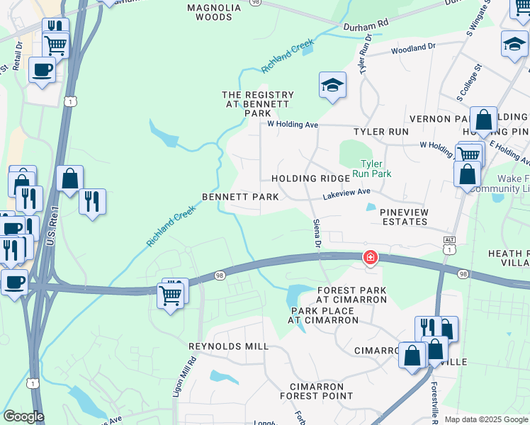 map of restaurants, bars, coffee shops, grocery stores, and more near 953 Richland Ridge Drive in Wake Forest
