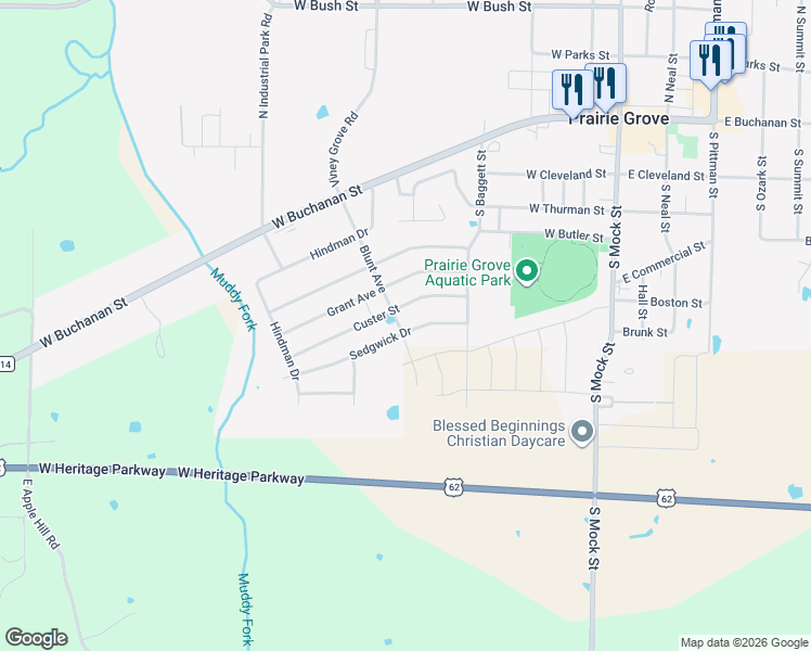 map of restaurants, bars, coffee shops, grocery stores, and more near 801 Sedgwick Drive in Prairie Grove