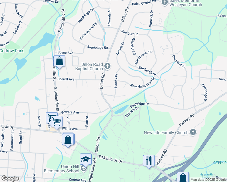 map of restaurants, bars, coffee shops, grocery stores, and more near 2915 Sussex Drive in Jamestown