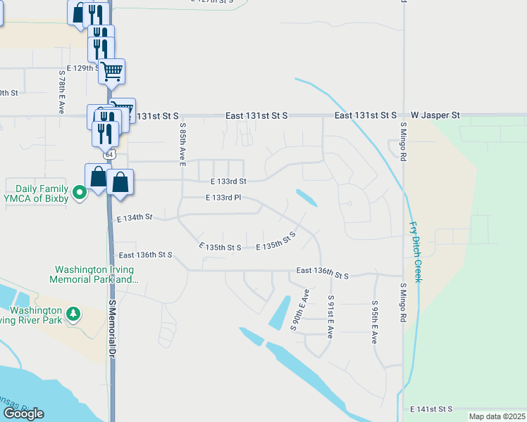 map of restaurants, bars, coffee shops, grocery stores, and more near 8916 East 134th Street in Bixby