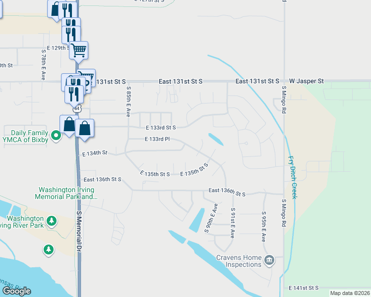 map of restaurants, bars, coffee shops, grocery stores, and more near 13403 South 89th East Avenue in Bixby