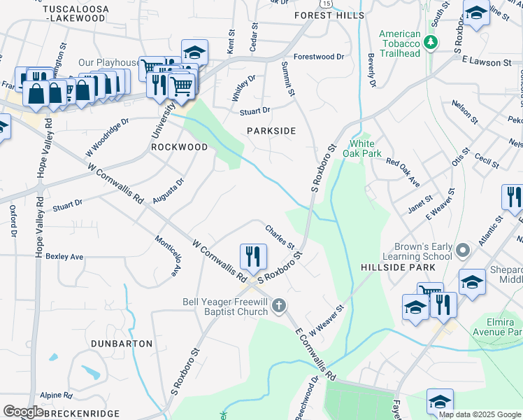 map of restaurants, bars, coffee shops, grocery stores, and more near 2146 Charles Street in Durham