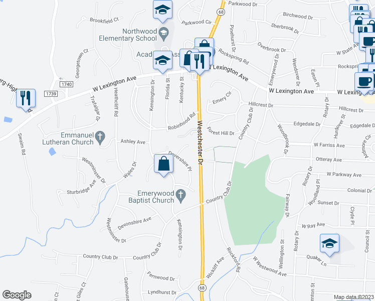 map of restaurants, bars, coffee shops, grocery stores, and more near 1305 Danbury Court in High Point