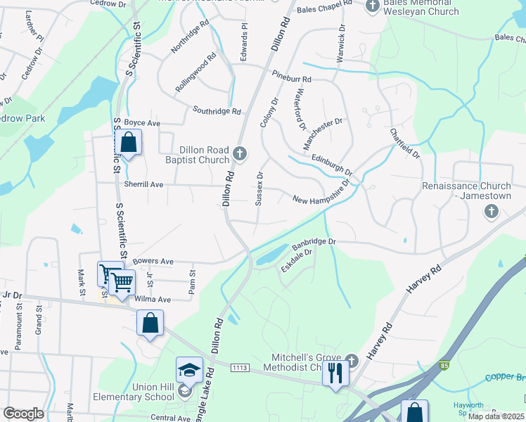 map of restaurants, bars, coffee shops, grocery stores, and more near 2916 Sussex Drive in Jamestown