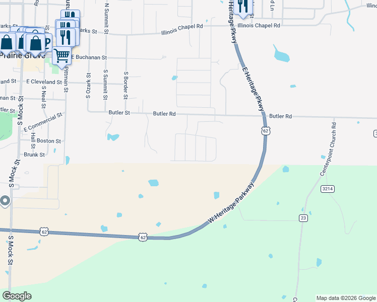 map of restaurants, bars, coffee shops, grocery stores, and more near 580 Riggs Street in Prairie Grove