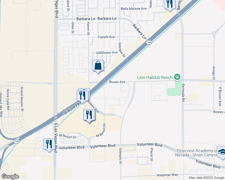 map of restaurants, bars, coffee shops, grocery stores, and more near 12215 Gilespie Street in Henderson