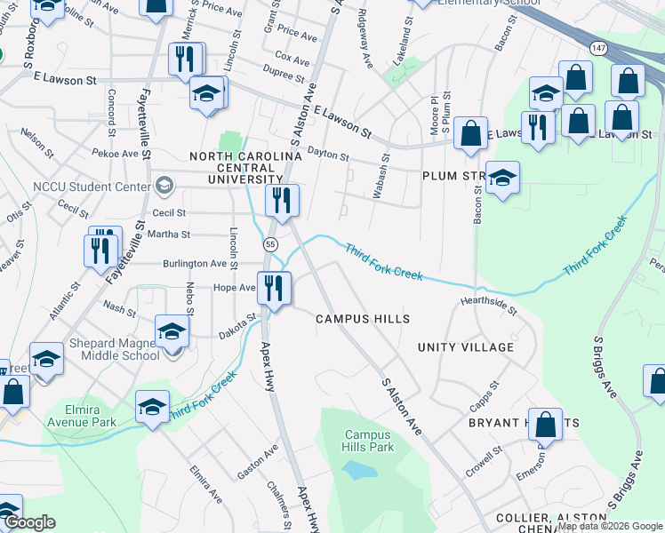 map of restaurants, bars, coffee shops, grocery stores, and more near 1707 South Alston Avenue in Durham