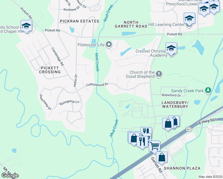 map of restaurants, bars, coffee shops, grocery stores, and more near 11 Gatesway Court in Durham