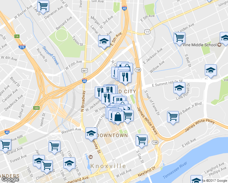 map of restaurants, bars, coffee shops, grocery stores, and more near 119 South Gay Street in Knoxville