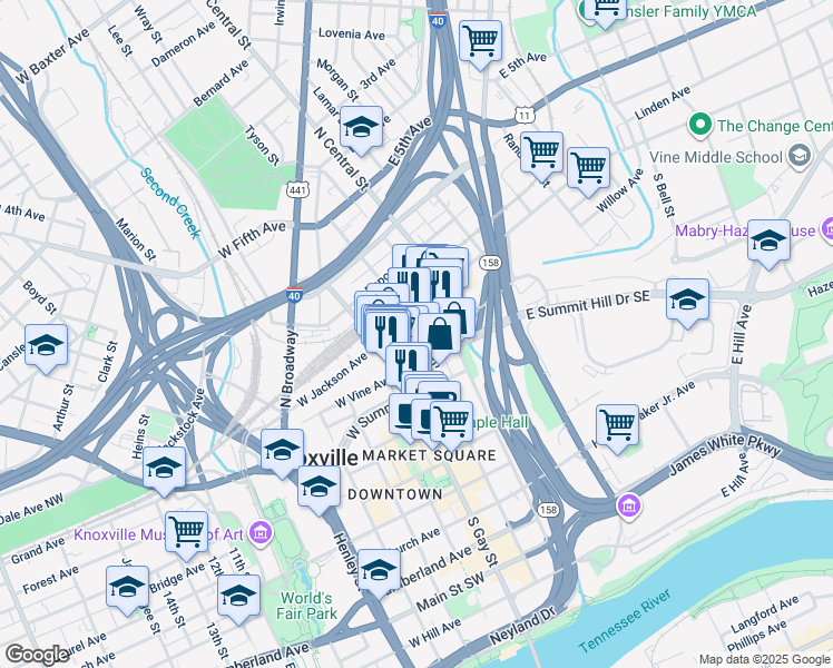map of restaurants, bars, coffee shops, grocery stores, and more near 125 West Summit Hill Drive Southwest in Knoxville