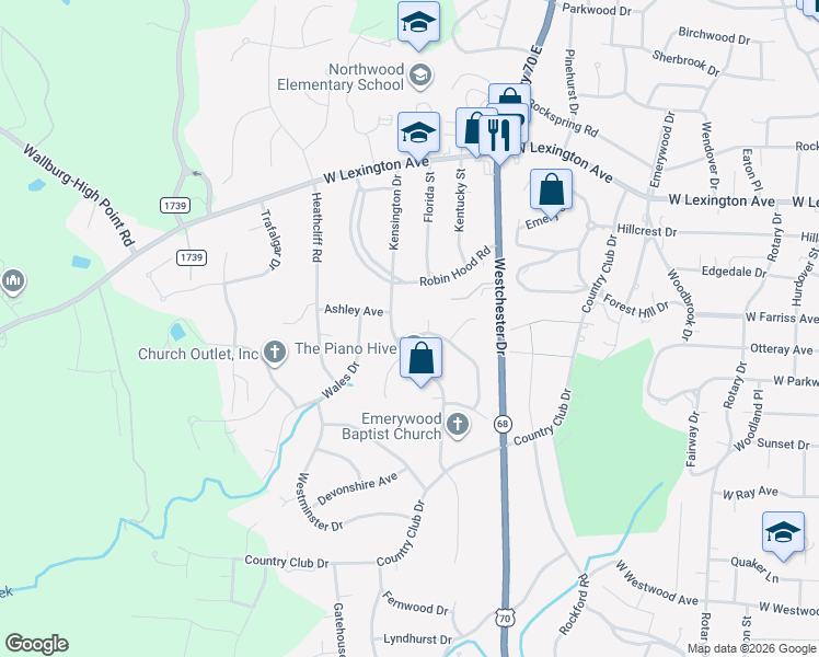 map of restaurants, bars, coffee shops, grocery stores, and more near 1230 Kensington Drive in High Point