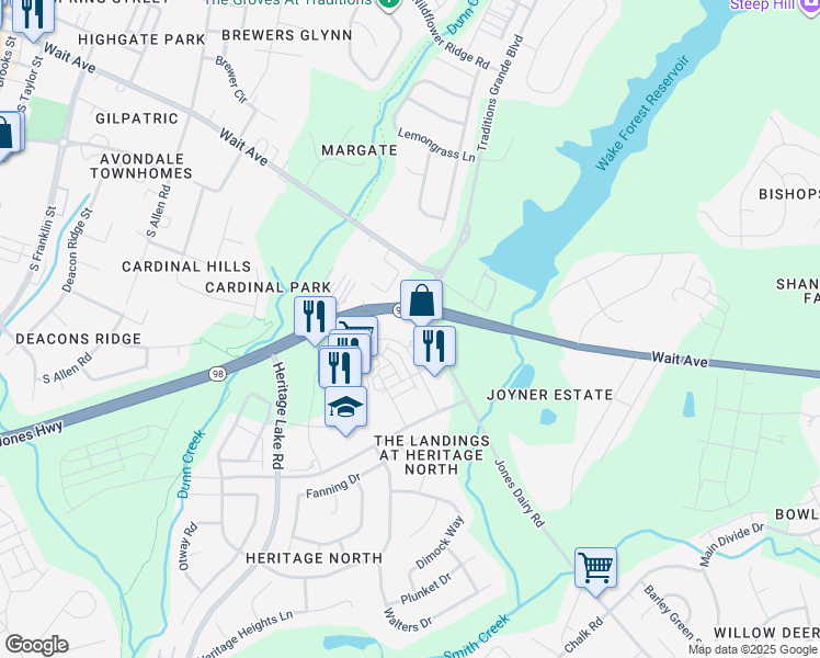 map of restaurants, bars, coffee shops, grocery stores, and more near 939 Gateway Commons Circle in Wake Forest