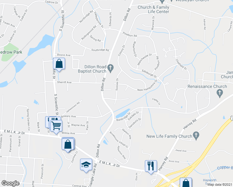 map of restaurants, bars, coffee shops, grocery stores, and more near 2933 Sussex Drive in Jamestown