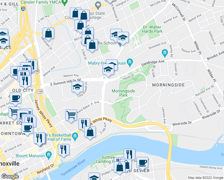 map of restaurants, bars, coffee shops, grocery stores, and more near 900 East Hill Avenue in Knoxville
