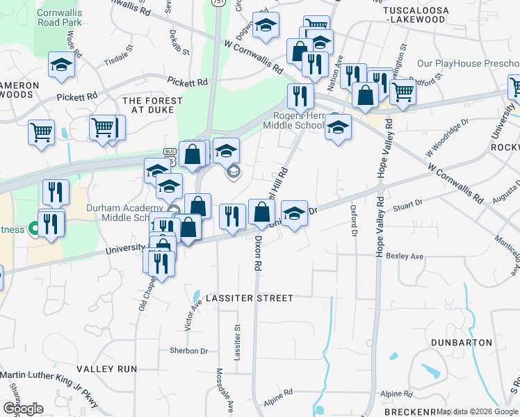 map of restaurants, bars, coffee shops, grocery stores, and more near in Durham