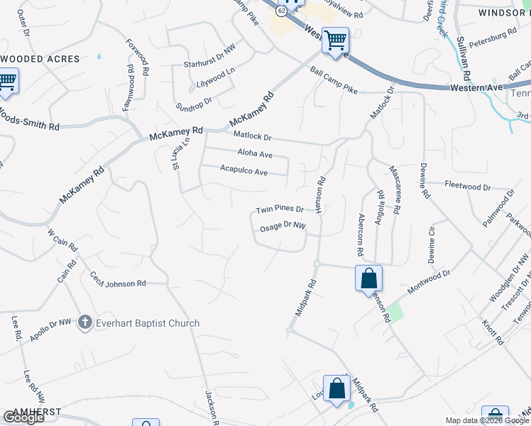 map of restaurants, bars, coffee shops, grocery stores, and more near 4543 Twin Pines Drive in Knoxville