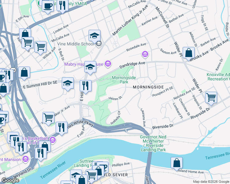 map of restaurants, bars, coffee shops, grocery stores, and more near 1613 Hazen Street in Knoxville