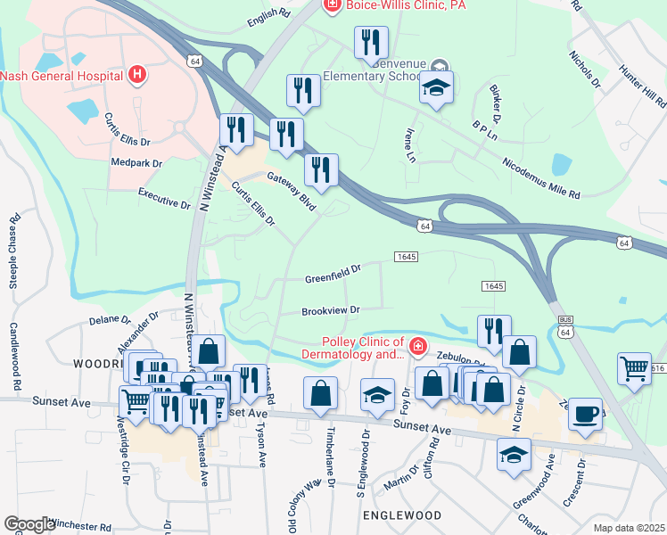 map of restaurants, bars, coffee shops, grocery stores, and more near 3402 Greenfield Drive in Rocky Mount