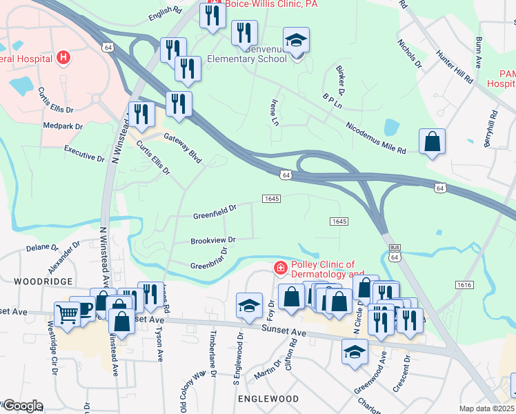 map of restaurants, bars, coffee shops, grocery stores, and more near 3309-3313 Pinefield Drive in Rocky Mount