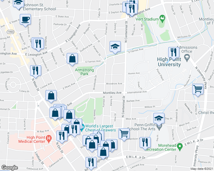 map of restaurants, bars, coffee shops, grocery stores, and more near 402 Woodrow Avenue in High Point
