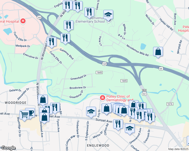 map of restaurants, bars, coffee shops, grocery stores, and more near 3309-3313 Pinefield Drive in Rocky Mount