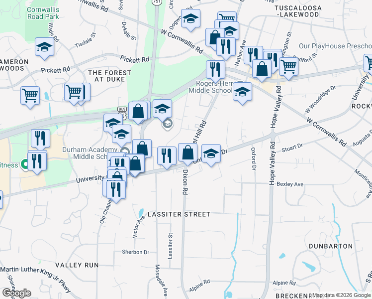 map of restaurants, bars, coffee shops, grocery stores, and more near in Durham