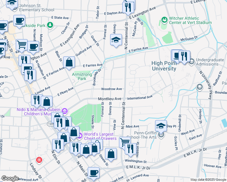 map of restaurants, bars, coffee shops, grocery stores, and more near 504 Woodrow Avenue in High Point