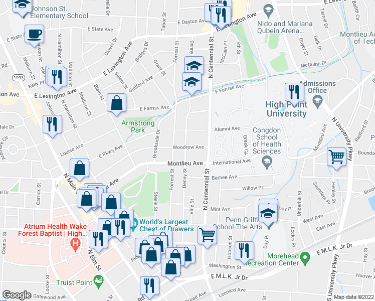 map of restaurants, bars, coffee shops, grocery stores, and more near 500 Woodrow Ave in High Point