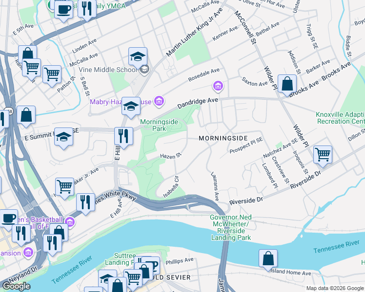 map of restaurants, bars, coffee shops, grocery stores, and more near 1710 Hazen Street in Knoxville