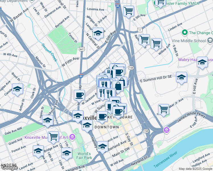 map of restaurants, bars, coffee shops, grocery stores, and more near 119 South Gay Street in Knoxville