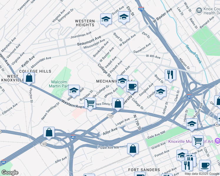 map of restaurants, bars, coffee shops, grocery stores, and more near 1725 Moses Avenue in Knoxville
