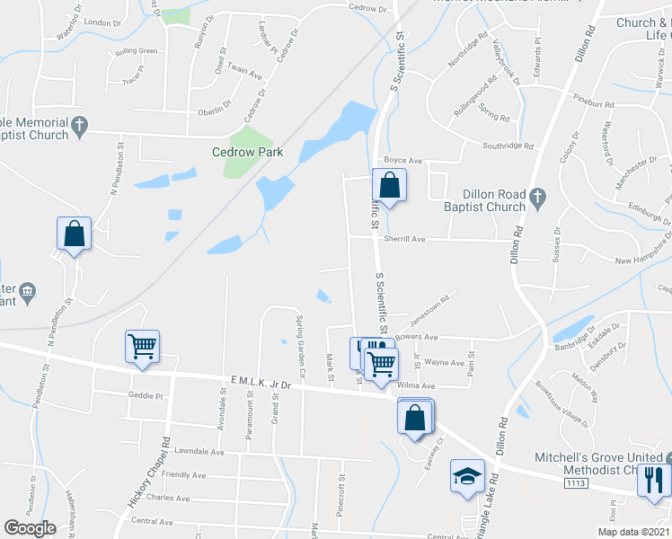 map of restaurants, bars, coffee shops, grocery stores, and more near 3414 Lovington Court in High Point