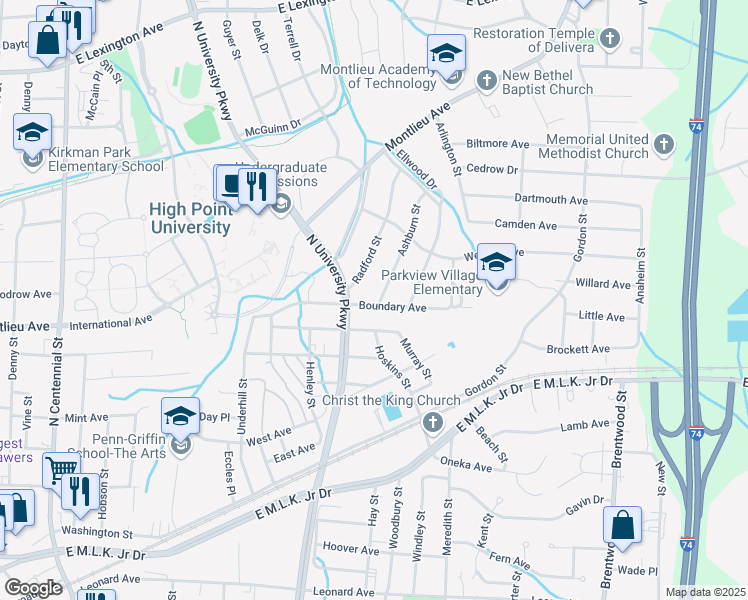 map of restaurants, bars, coffee shops, grocery stores, and more near 501 Ashburn Street in High Point