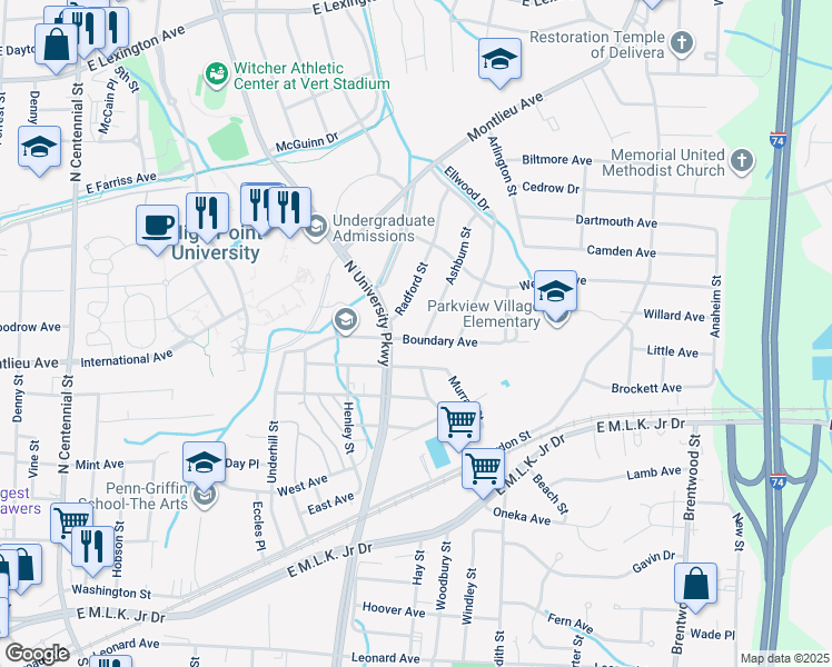 map of restaurants, bars, coffee shops, grocery stores, and more near 1605 Graves Avenue in High Point