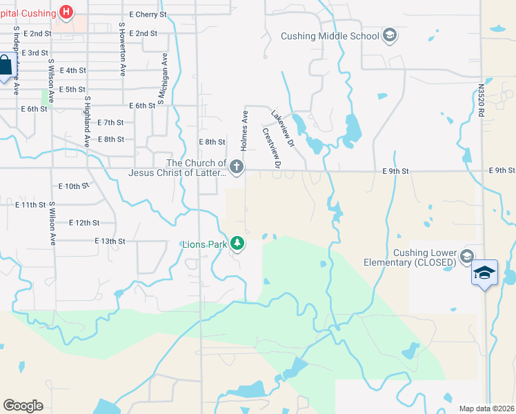 map of restaurants, bars, coffee shops, grocery stores, and more near 1102 Holmes Avenue in Cushing