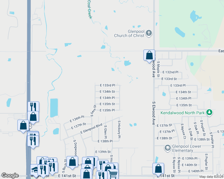 map of restaurants, bars, coffee shops, grocery stores, and more near 653 East 134th Place in Glenpool