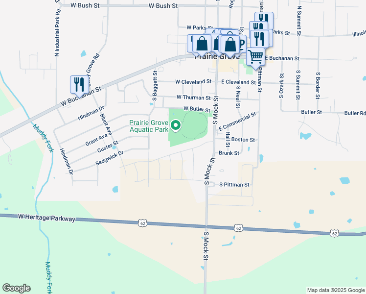 map of restaurants, bars, coffee shops, grocery stores, and more near 612 South Mock Street in Prairie Grove