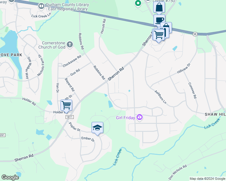 map of restaurants, bars, coffee shops, grocery stores, and more near 505 Porch Swing Place in Durham