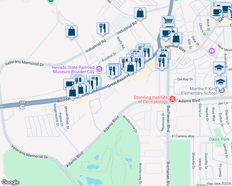 map of restaurants, bars, coffee shops, grocery stores, and more near 1521 Franklin Lane in Boulder City