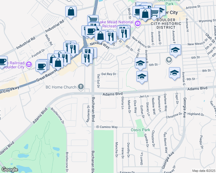 map of restaurants, bars, coffee shops, grocery stores, and more near 862 Montera Lane in Boulder City