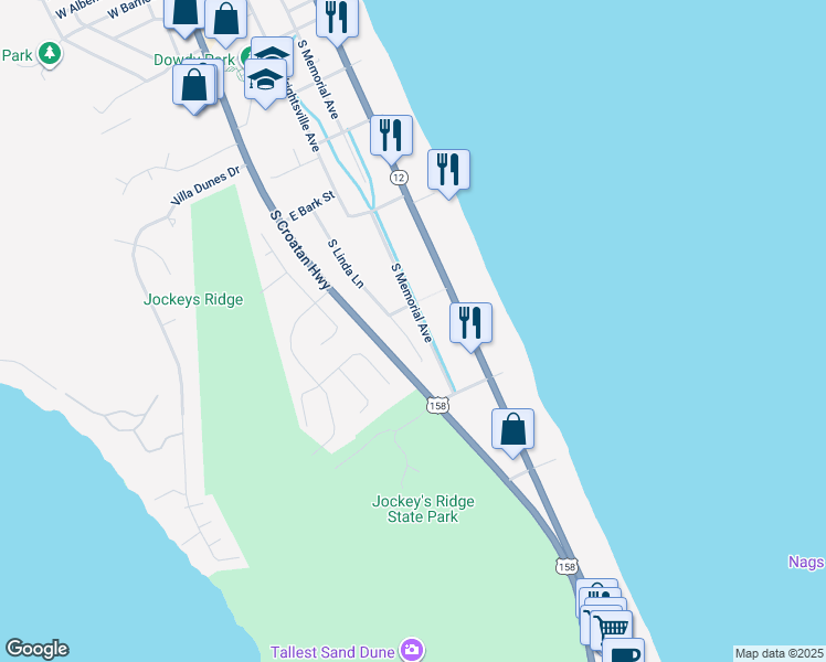 map of restaurants, bars, coffee shops, grocery stores, and more near 3511 South Linda Lane in Nags Head