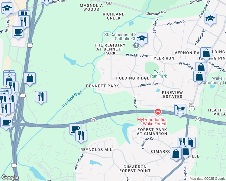 map of restaurants, bars, coffee shops, grocery stores, and more near 704 Little Tall Way in Wake Forest